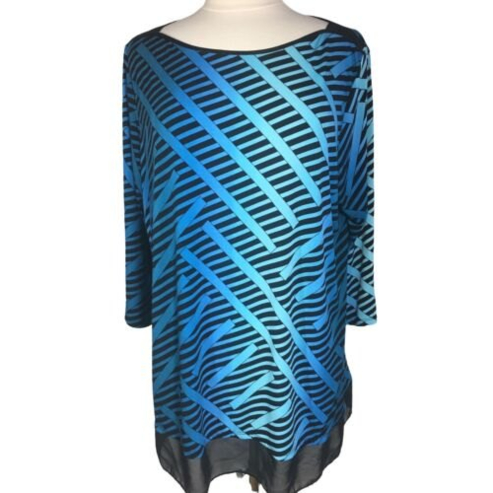 Worthington Women's Size 1X Black & Blue 3/4 Sleeve Tunic Top Blouse Sheer Hem